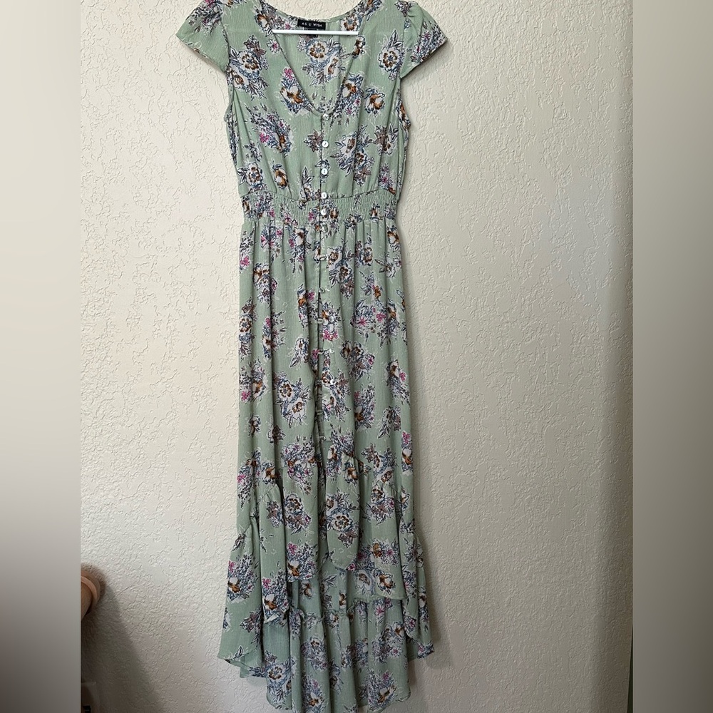 As U Wish Sage Green Floral Maxi Dress with Button Detail